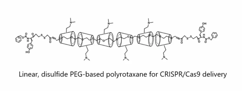 Illustration of linear, disulfide PEG-based polyrotaxane for CRISPR gene delivery